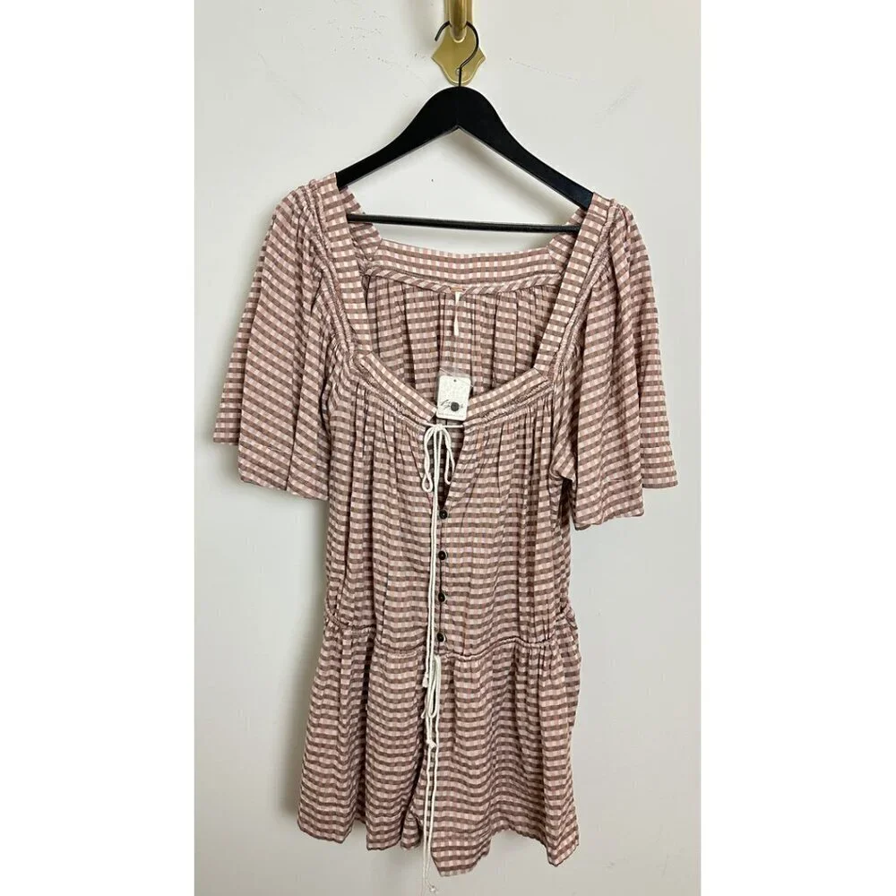 FREE PEOPLE County Line Plaid Romper in Pink Combo Size Medium NWT